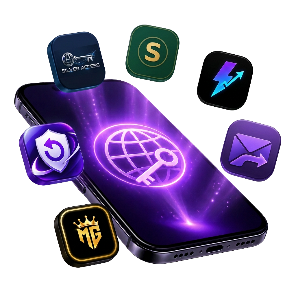 Silver Access, DollarsCards, BoostFollower, Acc Recover, Silver Access EmailRoute and MG Crypto logos around a phone
